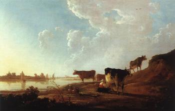 阿爾伯特 庫普 River Scene With Milking Woman 阿爾伯特 庫普 River Scene With Milking Woman